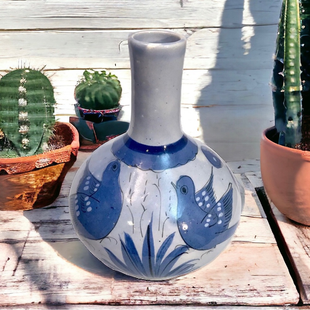 Vintage Tonala Mexican Pottery Vase Blue Birds Butterflies Floral 8.5" Signed VG - Picture 1 of 13